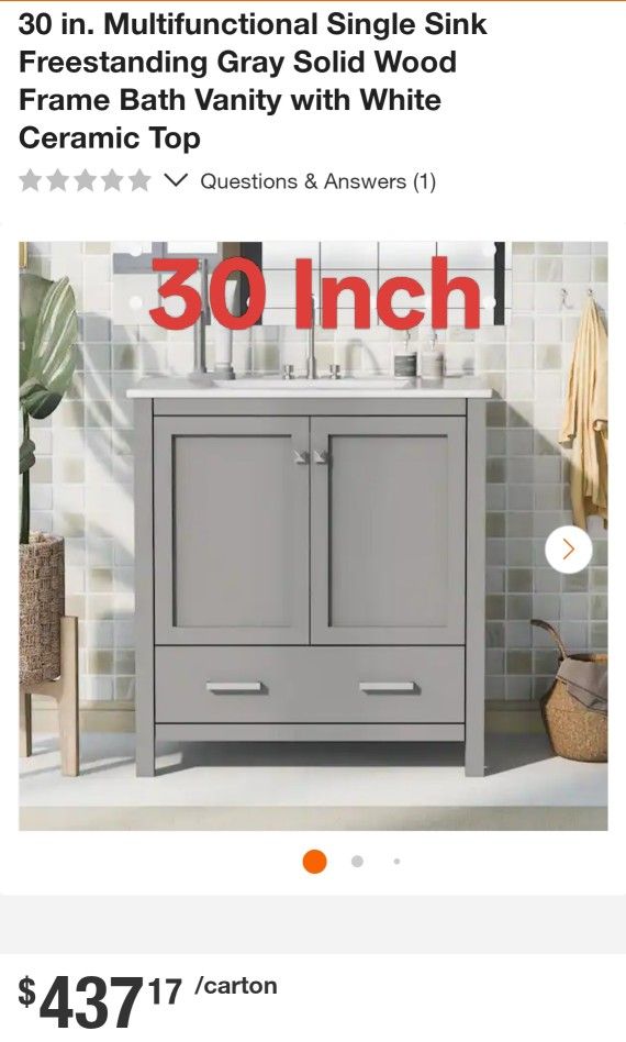 30 in. Multifunctional Single Sink Freestanding Gray Solid Wood Frame Bath Vanity with White Ceramic Top