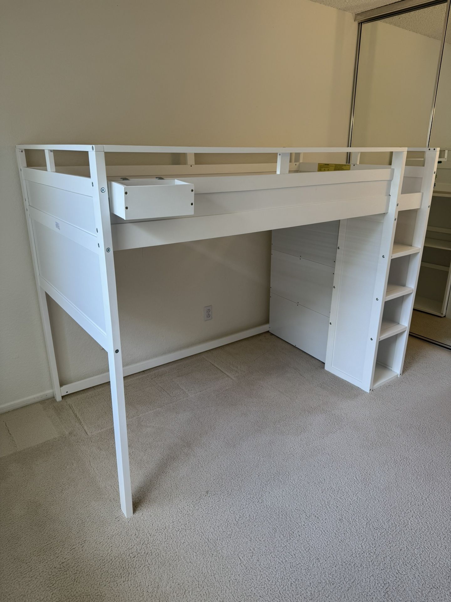 Twin Size Loft Bed with Rolling Cabinet, Desk, Drawers and Bed Side Storage