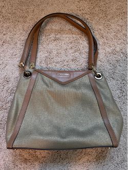 Michael Kors Taupe Canvas with Brown Leather Trim Shoulder Bag