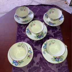 Set Of 5 Footed Morgan Cup And Saucer