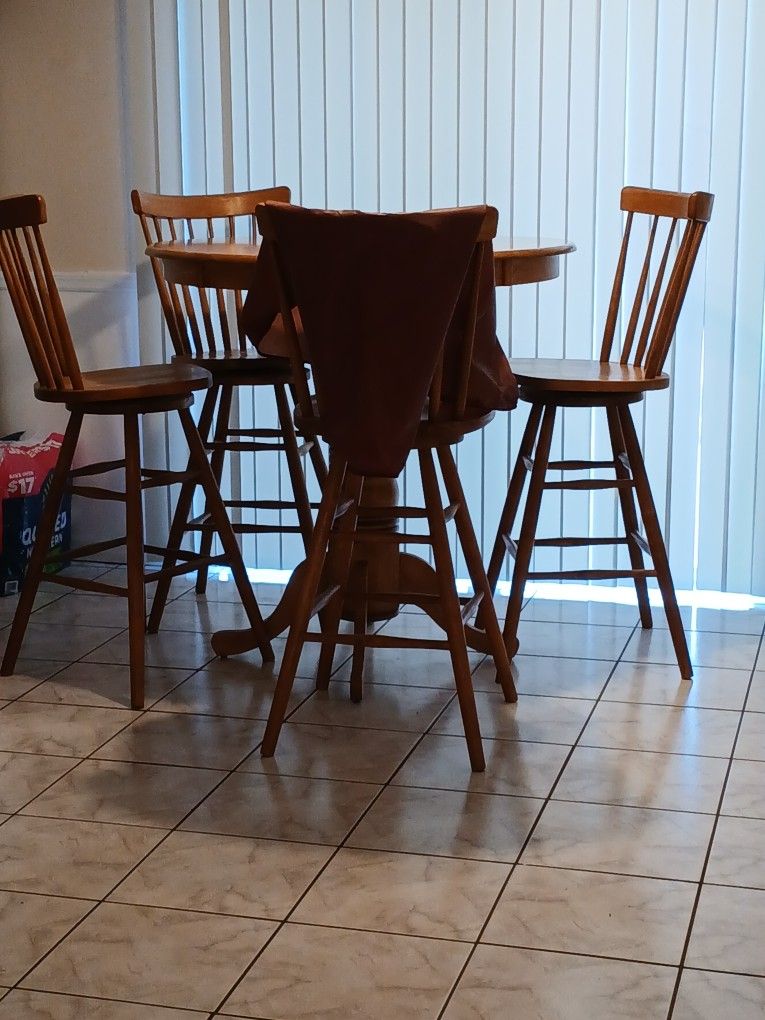 Oak Wood Pedestal Round Dining Bar Height Table