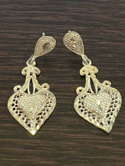 Vintage Sterling Silver Filigree Heart Dangle Earrings