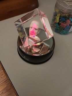 3D Laser Engraved Crystal Portrait Cube Rotating LED Light Base Personalized