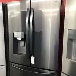 New Scratch And Dent LG 22 Cu Ft Black Stainless Steel Counter Depth French Door Fridge. 1 Year Warranty 