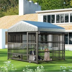 Brand New In Box! Large Outdoor Covered Galvanized Dog Kennel Heavy Duty, Galvanized Metal, 4 Sided CoverTarp Swivel Feeding Door & bowls Jaula /coral