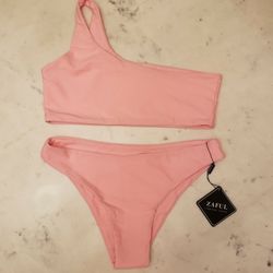 Zaful One Shoulder Pink Bikini Size 6, New With Tags 