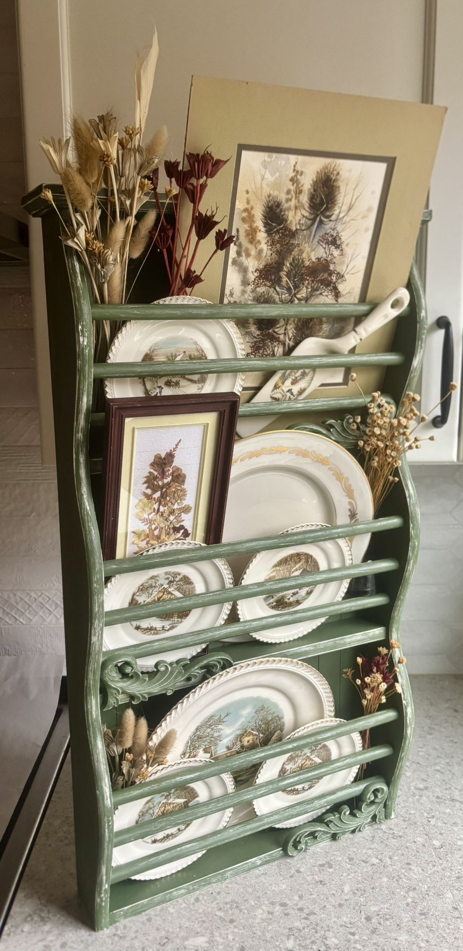 Upcycled Distressed Green Three Tier Wall Mountable Wooden Display Shelf