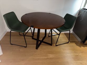 Modern Round Dining Table with 2 Green Chairs