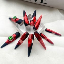 Handmade Red & Black Two-Tone Fake Nails with Evil Eye Decor