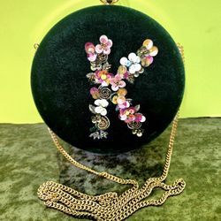 Emerald  green velvet monogram beaded clutch pouch with the letter "K". 8"×8"