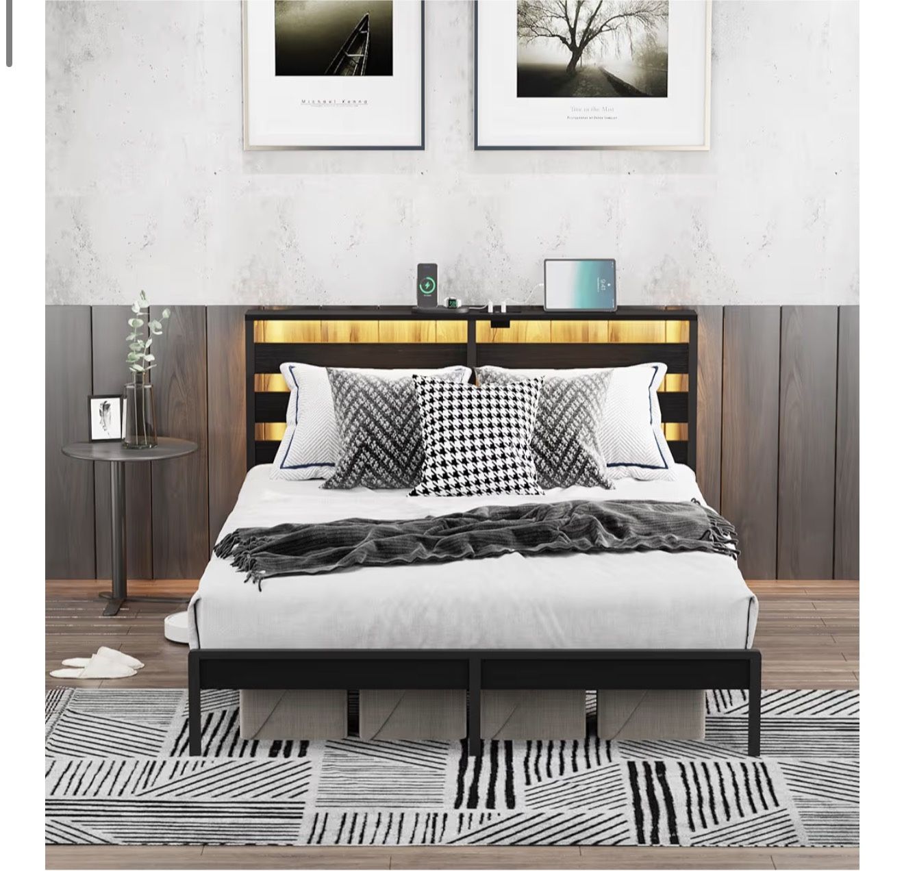 Brand New In The Box - Queen Size Metal Platform Bed Frame with LED Headboard & Storage Shelf, Modern Black Metal Bed with USB Charging, No Box Spring