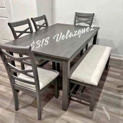 ✅️✅️6  pc grey finish wood dining table set padded seat  chairs and bench ✅️✅️