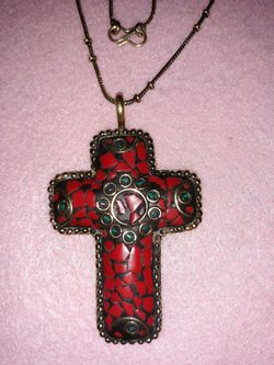 Red Coral and Turquoise Cross necklace