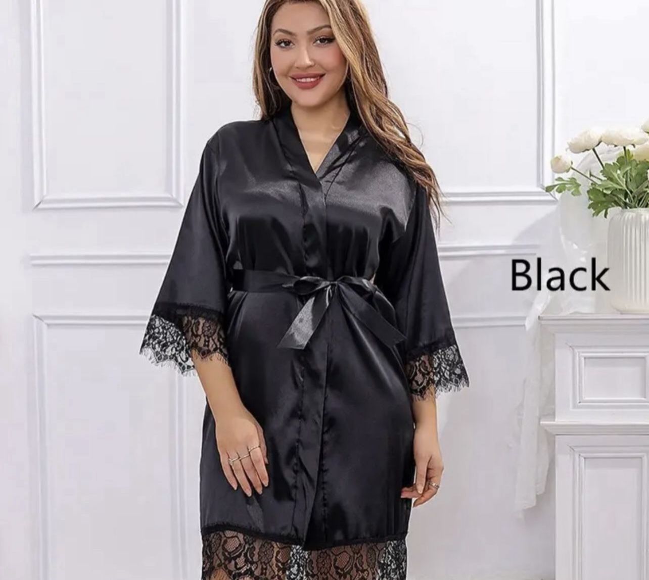 Women Ice Silk Pajamas Robes Sleepwear Nightgowns Nightdress Black L Lace Smooth Soft Comfortable size large