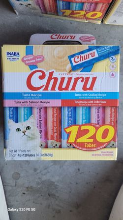 INABA Churu Cat Treats, Lickable
Squeezable Creamy Purée with Vitamin E,
0.5 Ounces per Tube, 120 Tubes Total, Tuna
Variety