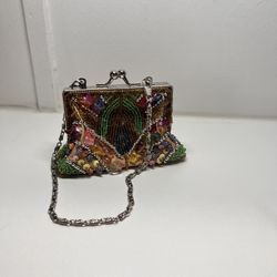 Beaded mini purse Glass beaded flowers and Butterflies detachable chain strap