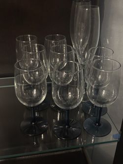 Midcentury dark blue/black small stem glass set