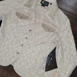 Christine Alexander Size Small Brocade Denim Rhinestone Jacket Excellent Condition PRICE Is Firm Cash Only 