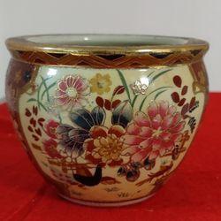 VINTAGE 1990 New England Pottery Ming Dynasty Fish Bowl or Flowers Pot,Beautiful Cloisonne;4" H x 5" W.