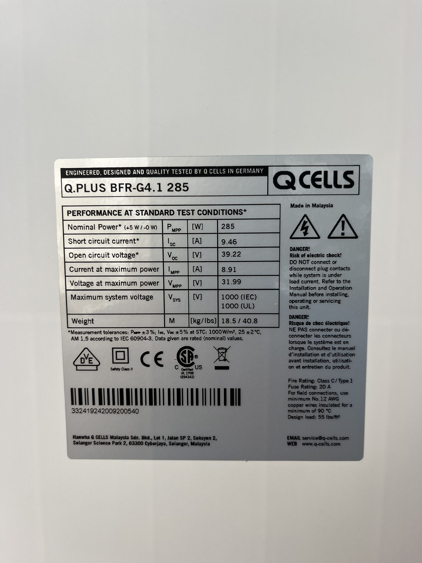 Q cell 285 watt solar Panel