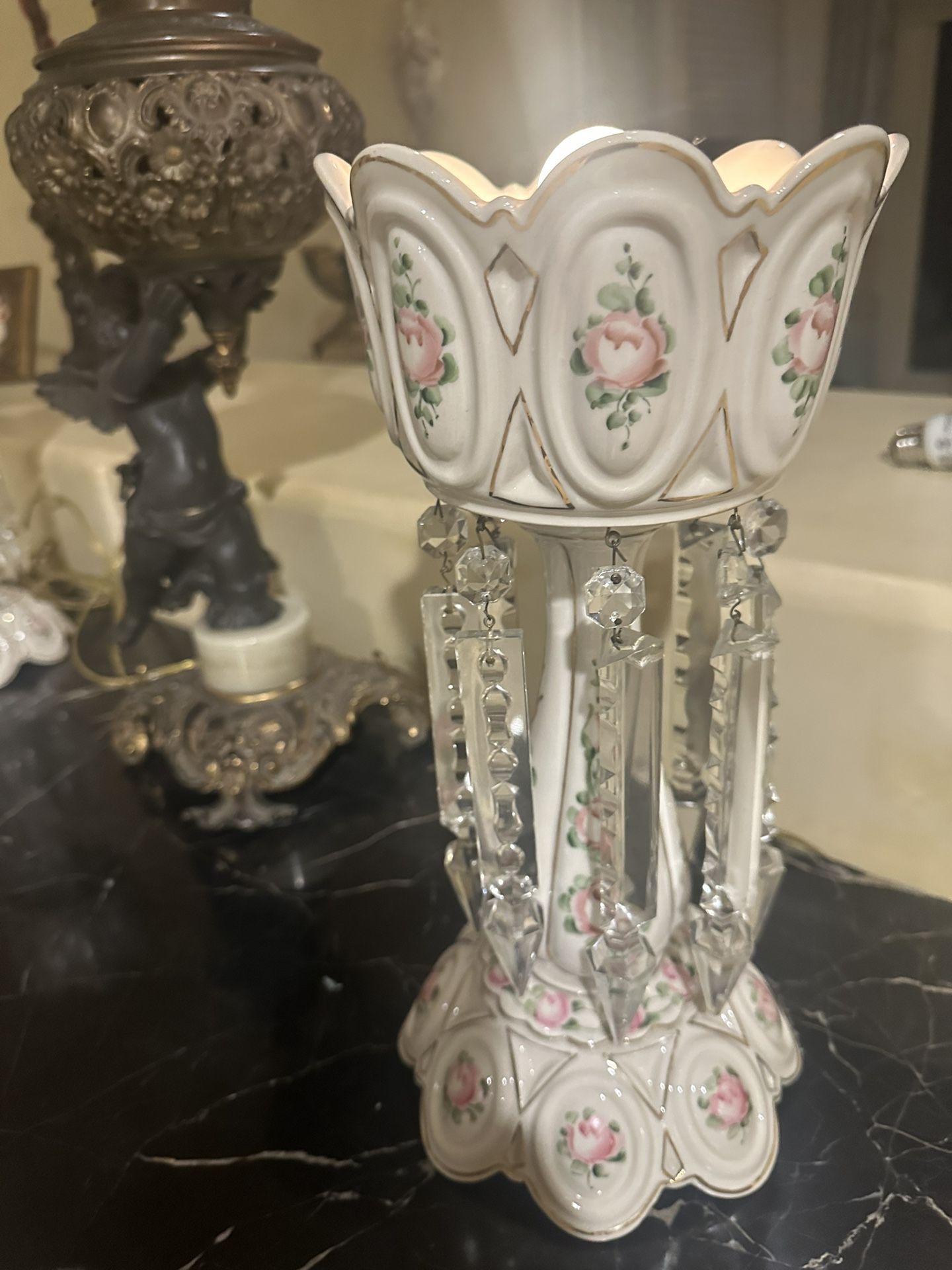 TWO VICTORIAN HANDPAINTED LUSTERS WITH CRYSTAL PRISMS