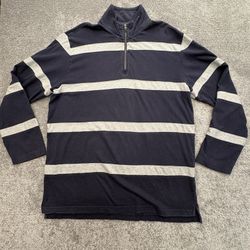 Nautica Men’s XL Navy Gray Striped Quarter Zip Pullover 100% Cotton Preppy