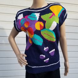 Vintage Counterparts Petites Navy Blue Artsy Abstract Cotton Blend Sweater Vest W/ Shoulder