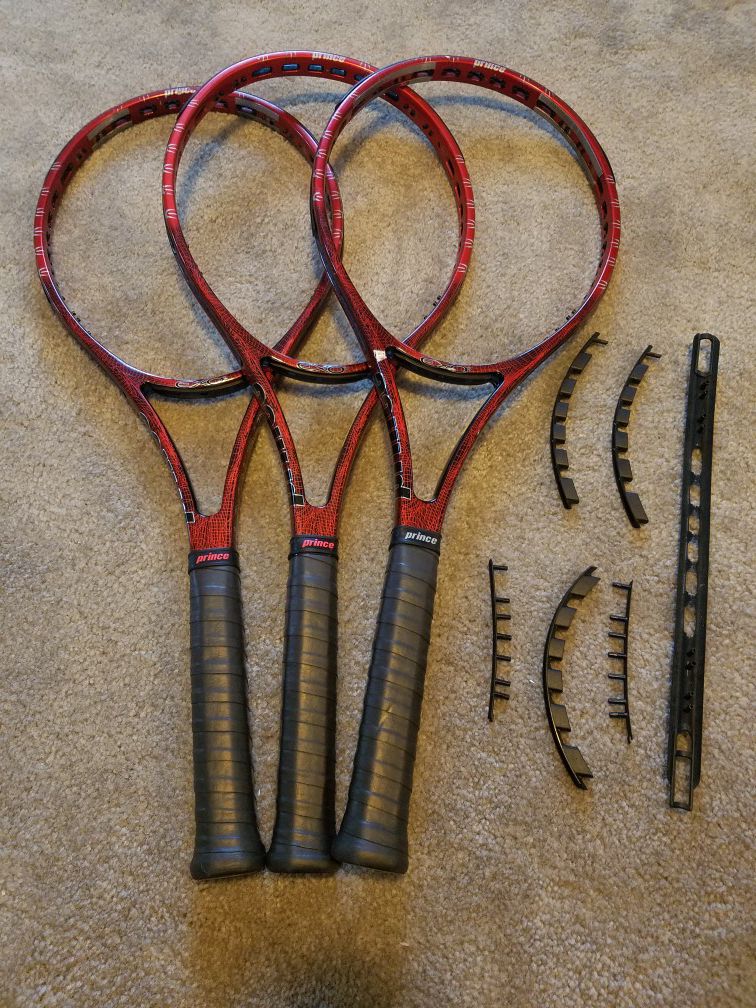3X USED, PROFESSIONALLY MATCHED PRINCE IGNITE TEAM 95 TENNIS RACQUETS + NEW GROMMET SET