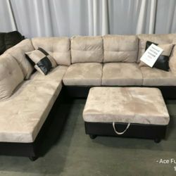 Brand New Beige Microfiber Sectional With Storage Ottoman 