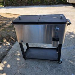 Trinity 100 QT Stainless Steel Rolling Portable Cooler Cart With Bottom Shelf
