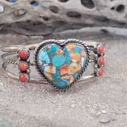 Heart Oyster Copper Turquoise Sterling Silver Cuff Bracelet 