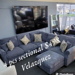 ✅️✅️ 4pc dark Grey corduroy fabric sectional sofa with rounded arms and ottoman ✅️