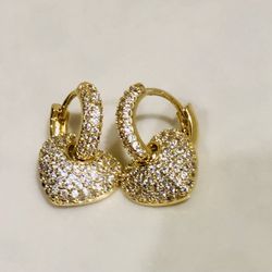 gold Pave Crystal Heart Charm hoop dangle minimalist earrings