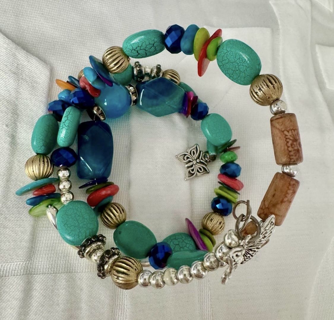 Vintage handmade blue turquoise beaded stone layered butterfly bracelet  In great condition