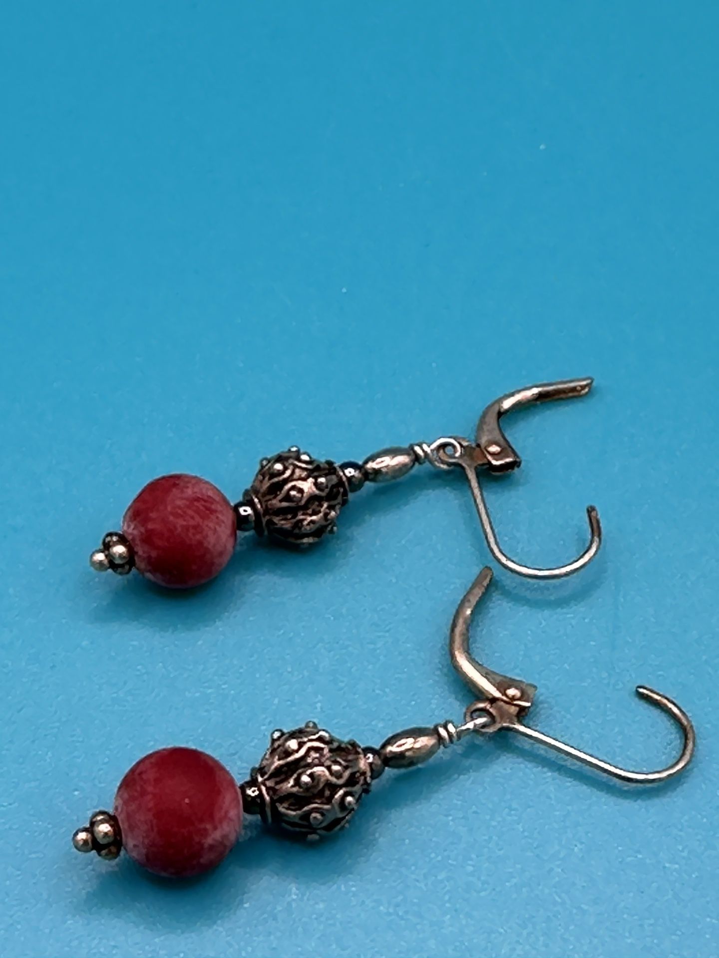 Silver Red Gemstone Drop Dangle Earrings 2” Long Wonderful Detail Work Good Condition