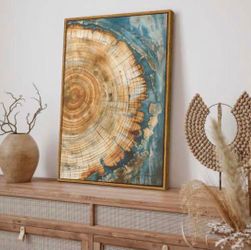 BingruiArt Faux Wood Tree Ring 08 Canvas Wall Art 16x24 Framed | Boho Abstract Nature Wall Decor, Green Abstract Wood Grain and Tree Stump Print, Livi