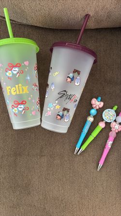 Stray kids inspired stuff . K-pop cups(plastic and glass) pens,keychains,totes and shirts!
