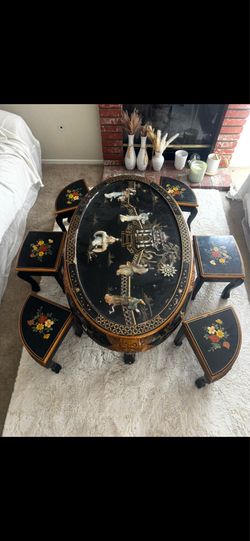 Shiny Black Lacquer Oriental Coffee Table, Inlaid Pearl with Six Stools and