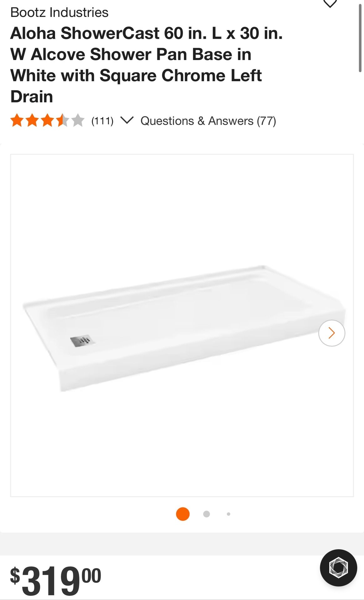 Bootz Industries Aloha ShowerCast 60 in. L x 30 in. W Alcove Shower Pan Base in White with Square Chrome Left Drain