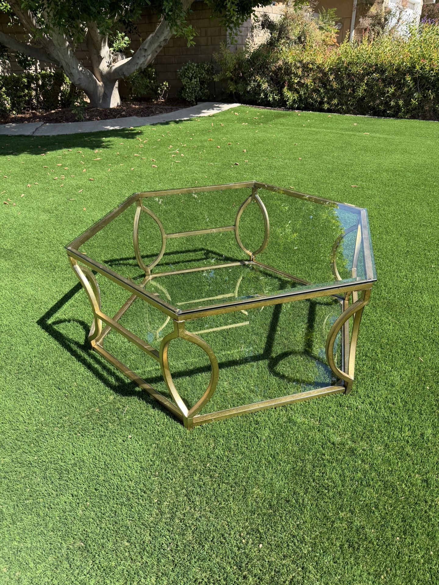 Large Modern Glass Coffee Table - Brass Finish, 46" Wide