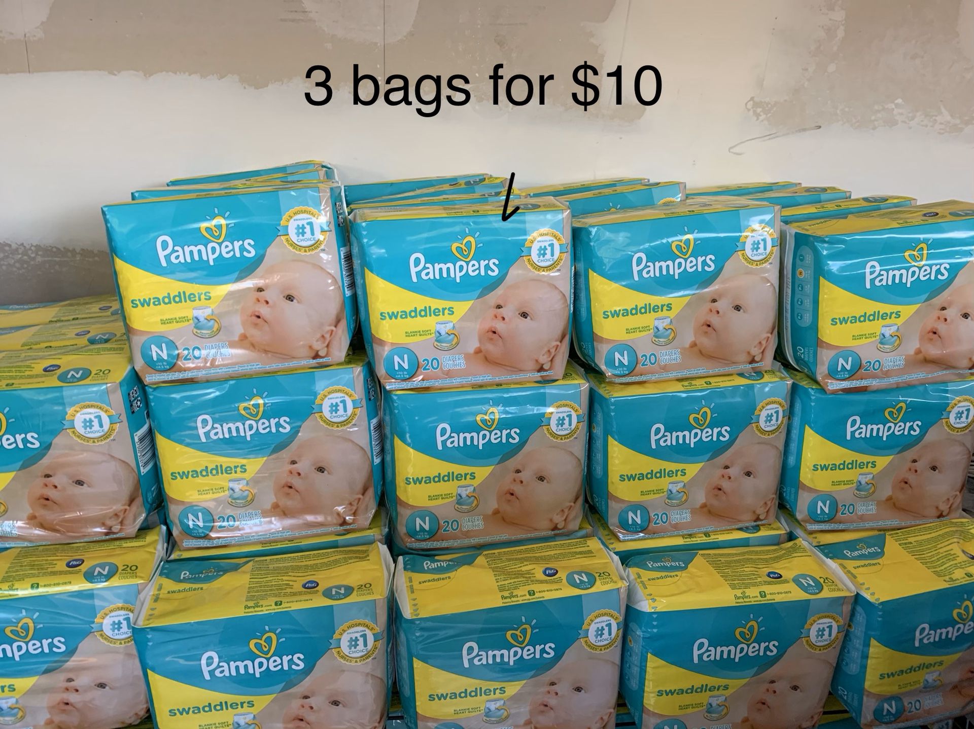 Pampers NEWBORN diapers 3 bags for $10