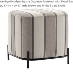 Upholstered Ottoman Cube Taupe Gray Ivory Striped 16.5”