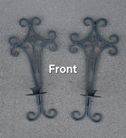 set of 2 vintage black metal wrought iron wall-mounted candle holders
