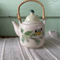 Vintage Japanese Teapot Frog Design with Original Wicker Handle Japan