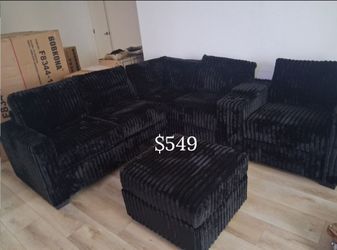 4-pc Sectional sofa with ottoman, 2 Cupholders & charging station Fur-Like Jumbo Corduroy
