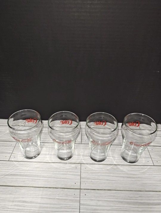 Vintage Coca Cola Collectible Coke Bell Shape Clear Glasses Red Script Lettering