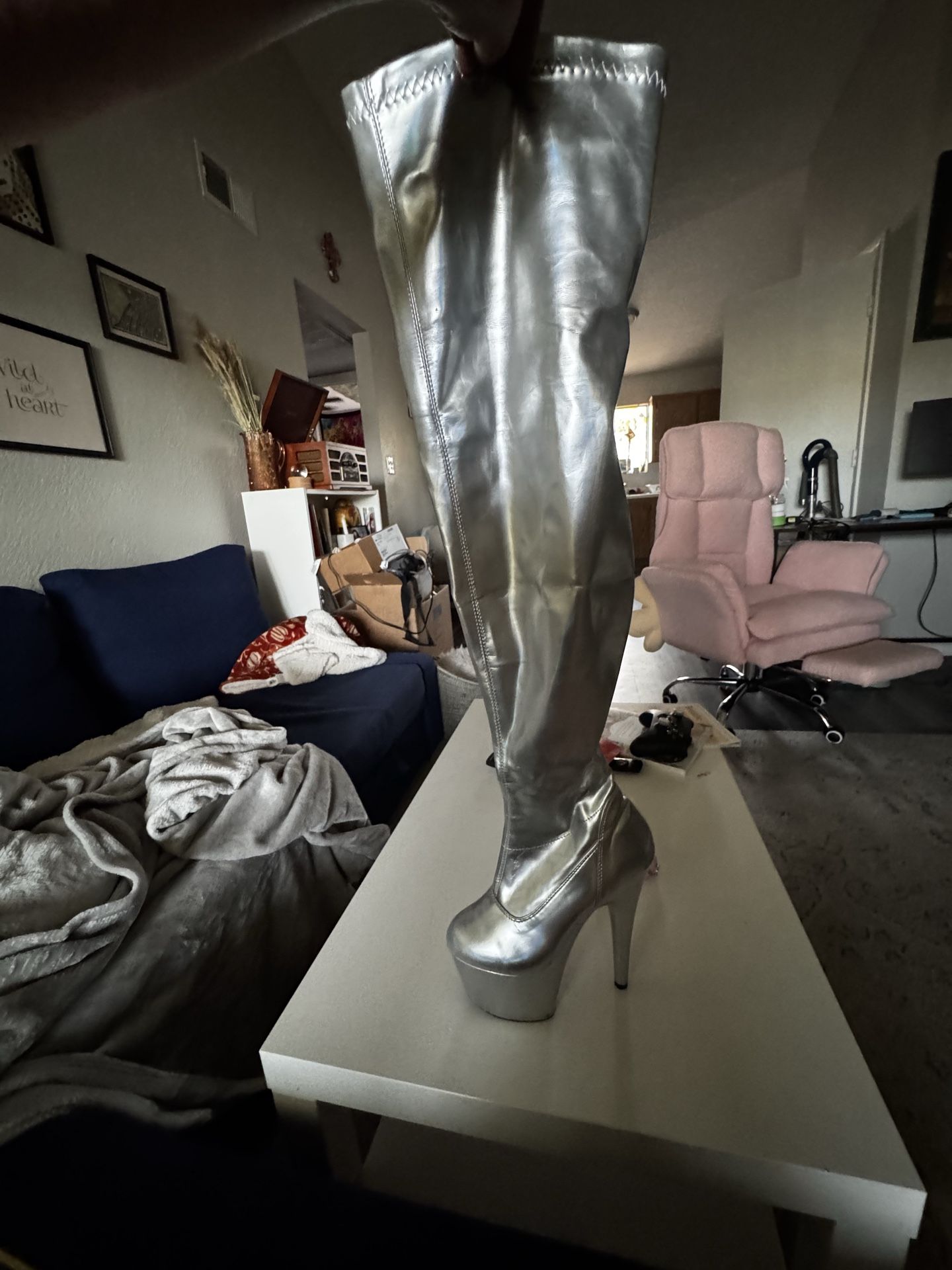 Silver thigh high pleaser platform boots - size 7