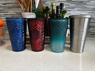 (3) Starbucks jeweled cold cups and (1) Starbucks stainless steel cold cup