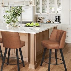 LUE BONA 360-degree Swivel Bar Stools Set of 2, 26" Counter Height Bar Stools with High Back and Wood Legs, Morden Faux Leather Upholstered Barstools 