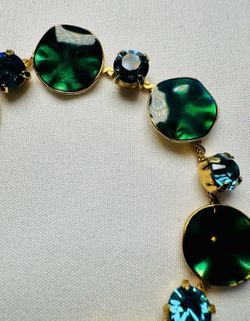 Pilgrim Danish Design Vintage long necklace with deep forest green/emerald enamel discs & gems.